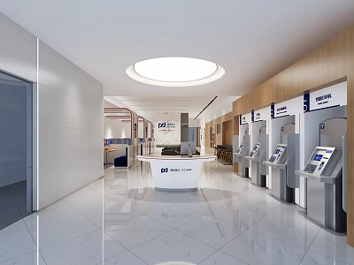 Modern Service Hall With White Reception Desk Multiple Self Service Kiosks And Marble Floor 3d model
