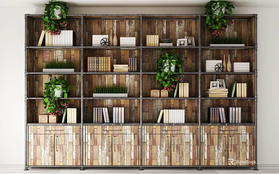 Modern Wooden Bookcase with Metal Frame Multiple Shelves Books Decorations and Green Plants 3d model 