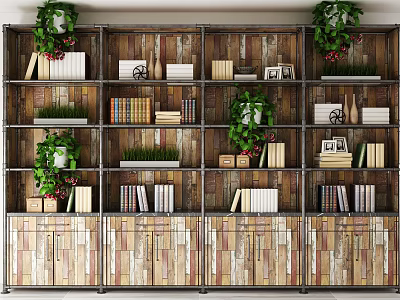 Modern Wooden Bookcase with Metal Frame Multiple Shelves Books Decorations and Green Plants 3d model