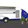 Montaditos Food Truck Blue White Design Open Service Window Side Shelf Potted Plant Fruit
