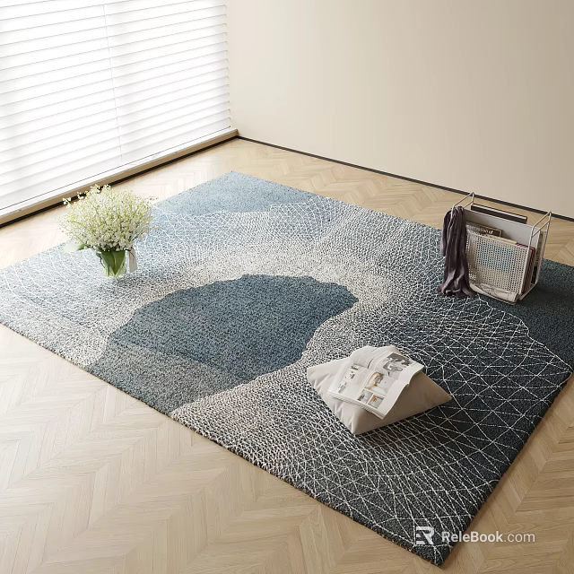 Blue Grey Square Rug With Geometric Pattern On Wooden Floor With Vase And Magazine 3d model 
