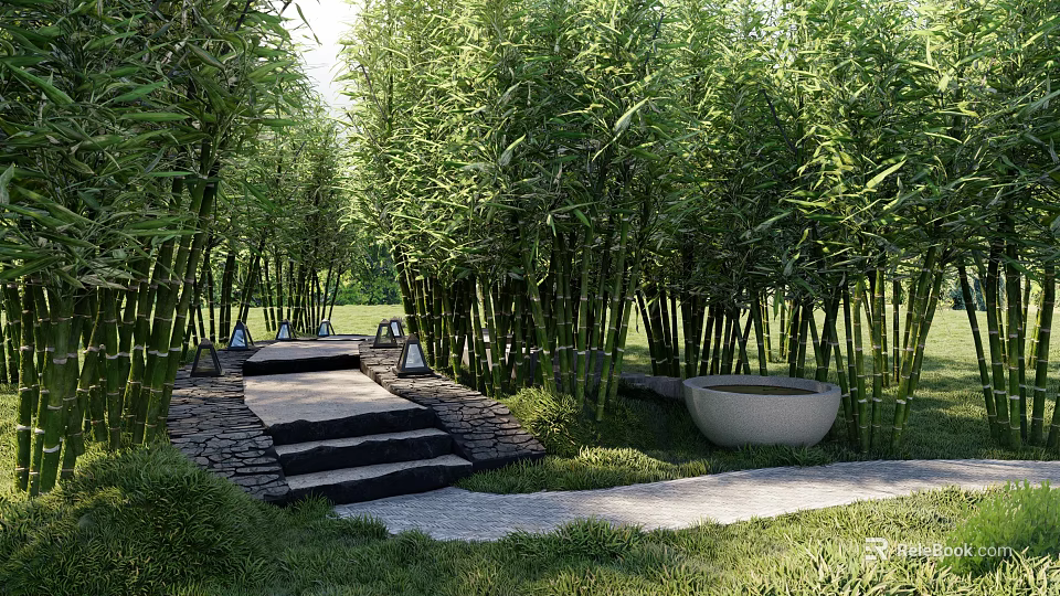 Lush Bamboo Grove Pathway With Stone Steps Lanterns And Decorative Basin 3d model 