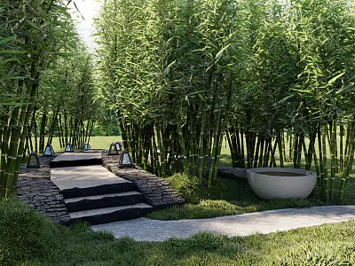 Lush Bamboo Grove Pathway With Stone Steps Lanterns And Decorative Basin 3d model