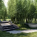 Lush Bamboo Grove Pathway With Stone Steps Lanterns And Decorative Basin 3d model
