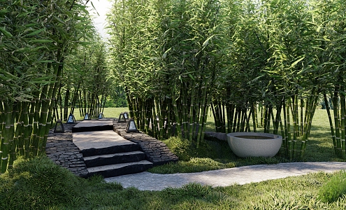 Modern bamboo forest stone steps 3d model