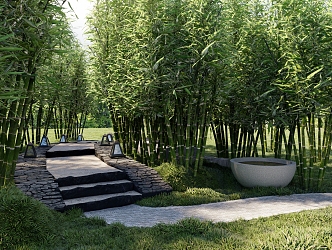 Modern bamboo forest stone steps 3d model