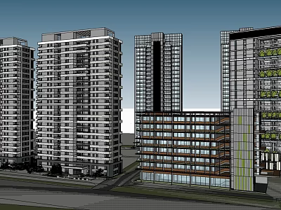 Modern Urban High Rise Buildings With Low Rise Structure And Greenery 3d model