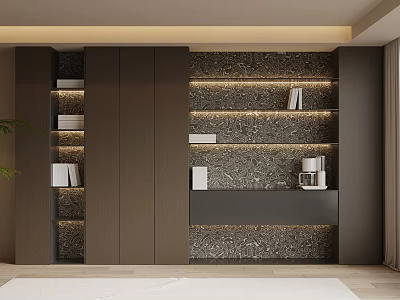Modern Bookshelf with Open Shelves Books Decorative Items Textured Backdrop and Built in Lighting 3d model