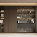 Modern Bookshelf with Open Shelves Books Decorative Items Textured Backdrop and Built in Lighting