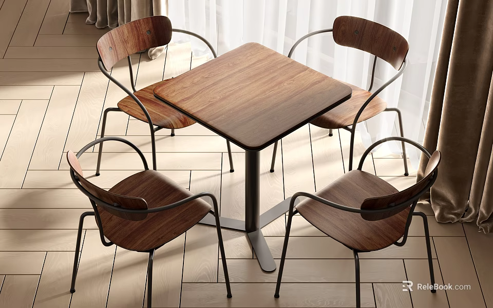 Modern Dining Room Interior With Square Wooden Table And Four Metal Frame Chairs 3d model 