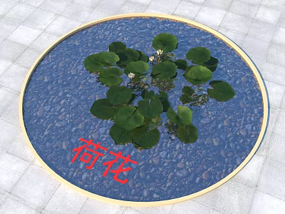 Circular Pond With Golden Rim And Pebble Bottom Featuring Lotus Flowers And Leaves 3d model