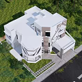 Modern Detached Villa With Geometric Exterior Design Surrounded By Trees Green Lawn And Large Windows