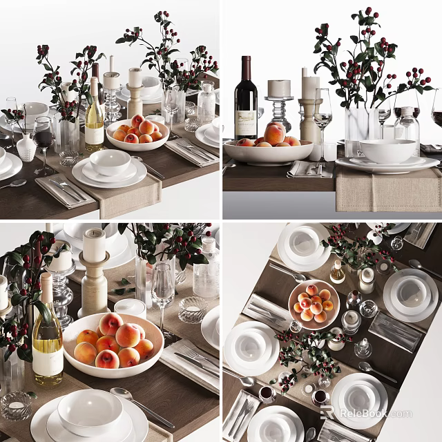 Elegant Dinnerware Set with Peaches Wine Glasses Flower Vases Candles and Table Napkins 3d model 