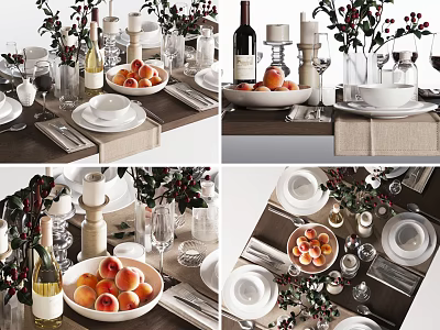 Elegant Dinnerware Set with Peaches Wine Glasses Flower Vases Candles and Table Napkins 3d model
