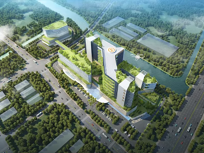 Aerial View Urban Planning With Modern High Rise Buildings Green Areas River And Transport Network 3d model