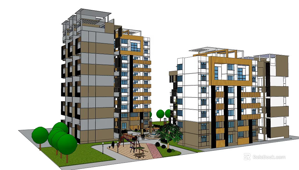 Modern Multistory Residential Apartment Buildings With Green Trees Lawns And Pathways 3d model 