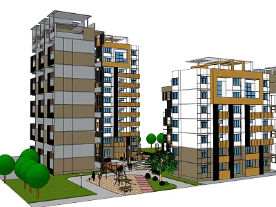 Modern Multistory Residential Apartment Buildings With Green Trees Lawns And Pathways 3d model