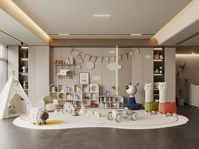 Colorful Kids Room Interior With Play Tent Toys Bookshelf And Animal Plush Decor 3d model