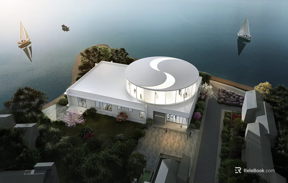 Modern White Building With Circular Roof Near Waterfront And Lush Green Garden 3d model 