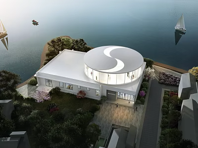 Modern White Building With Circular Roof Near Waterfront And Lush Green Garden 3d model