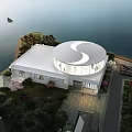 Modern White Building With Circular Roof Near Waterfront And Lush Green Garden