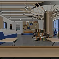 Tanzhou College Bright Reception Area With Blue Desk Display Boards Bookshelves And Pendant Lights
