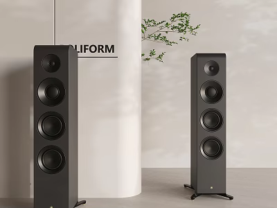 Modern Floor Standing Speakers With White Cylindrical Background And Green Plants 3d model