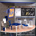 Cartoon Scene of Cozy Café with 106A Sign Tables Chairs Bar Counter and Plants