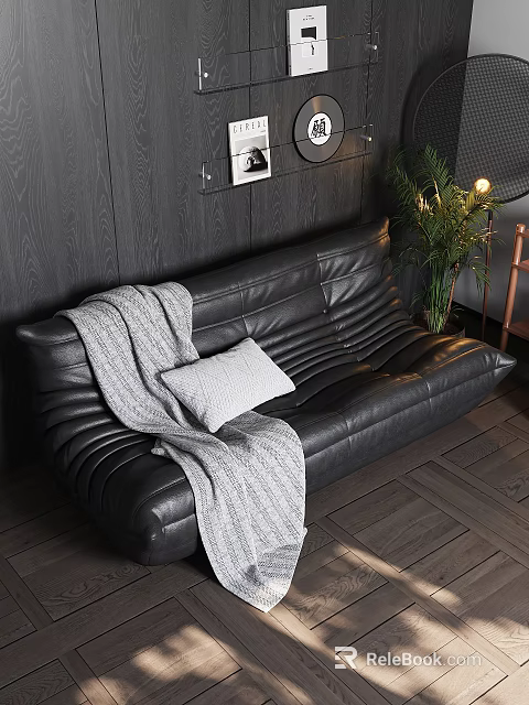 Modern Black Leather Sofa With Gray Throw Blanket And Green Plant Against Dark Wooden Wall 3d model 