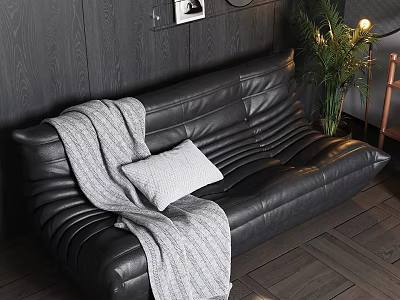 Modern Black Leather Sofa With Gray Throw Blanket And Green Plant Against Dark Wooden Wall 3d model