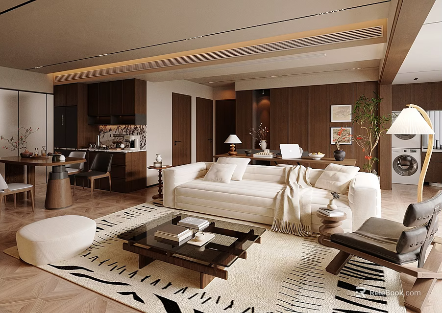 Modern Living Dining Room Interior Design With White Sofa Coffee Table Dining Set And Rug 3d model 