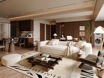 Modern Living Dining Room Interior Design With White Sofa Coffee Table Dining Set And Rug 3d model