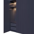 Modern Dark Wardrobe With Vertical Slat Panels Illuminated Open Shelf And Drawers