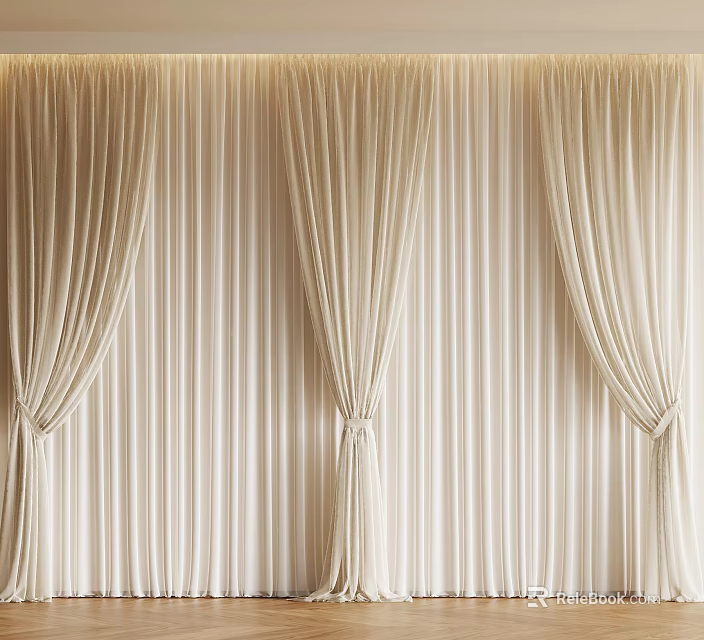 Elegant Beige Striped Curtains with Three Panels Tied in Knots Against Striped Wall 3d model 