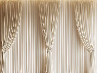 Elegant Beige Striped Curtains with Three Panels Tied in Knots Against Striped Wall 3d model