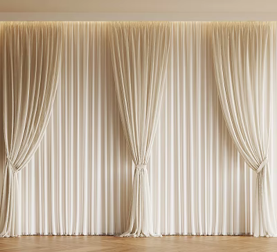 Elegant Beige Striped Curtains with Three Panels Tied in Knots Against Striped Wall 3d model