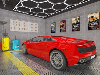 Red Sports Car Showroom with Wall Posters at Modern Car Dealership 3d model