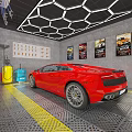Red Sports Car Showroom with Wall Posters at Modern Car Dealership