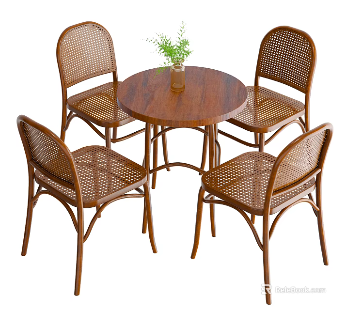 Round Wooden Outdoor Table with Four Rattan Chairs and Vase with Green Plant 3d model 