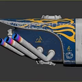 Custom Blue Motorcycle Engine With Yellow Flame Graphics And Shiny Silver Exhaust Pipe Design 3d model