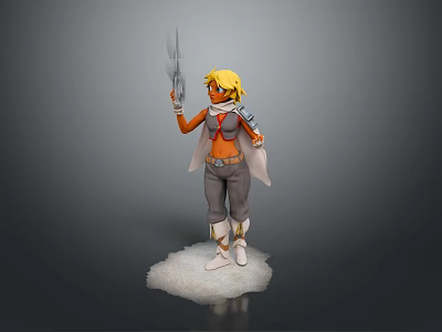 Blonde Woman Holding Glowing Weapon In Orange Top Gray Pants White Boots On Cloud Platform 3d model