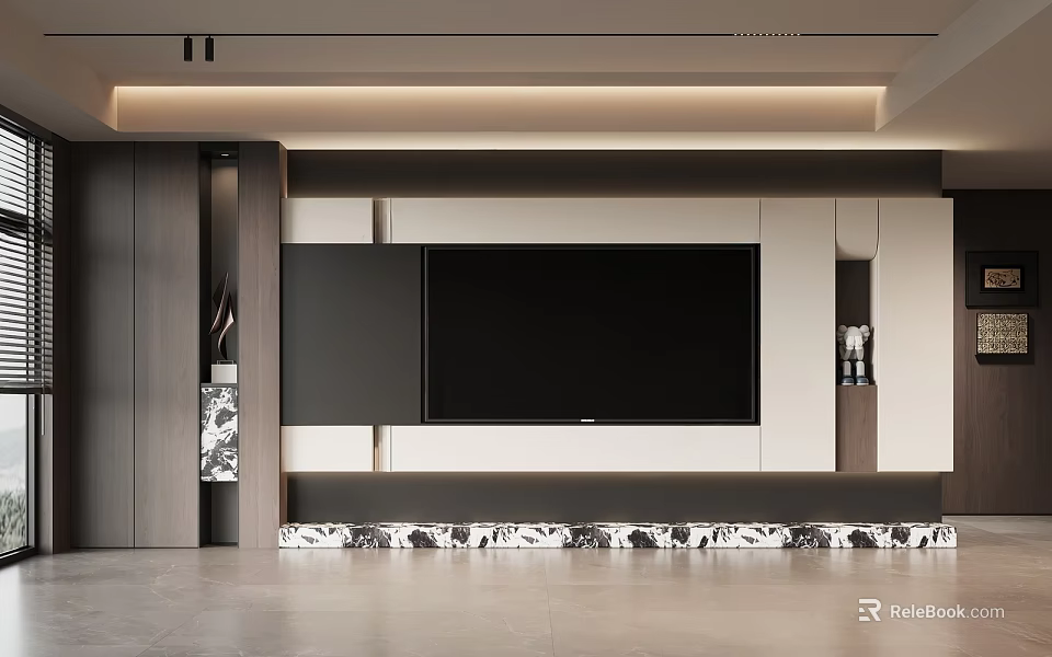 Modern Living Room Interior Design With TV Wall Wooden Elements And Marble Flooring 3d model 