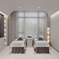 Elegant Beauty Hair Salon Interior With White Curtains Massage Beds Round Stools And Soft Lighting