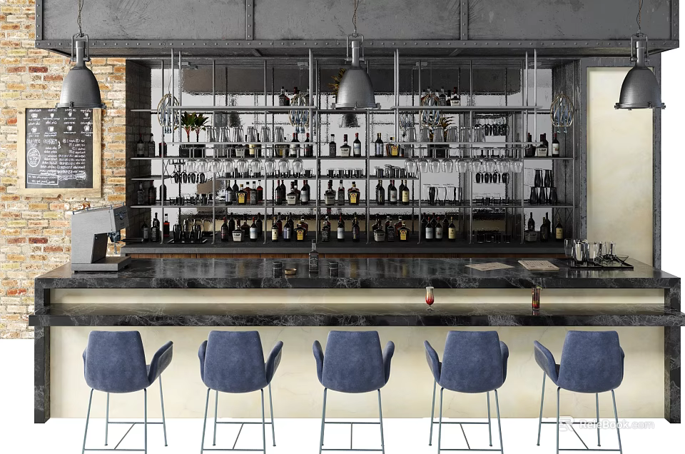 Modern Bar Counter With Blue Chairs Hanging Pendant Lights Metal Shelves Brick Wall And Bottles 3d model 