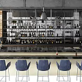 Modern Bar Counter With Blue Chairs Hanging Pendant Lights Metal Shelves Brick Wall And Bottles
