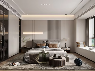 Modern Bedroom Interior Design With Large Bed Glass Fronted Wardrobe And Pendant Light 3d model