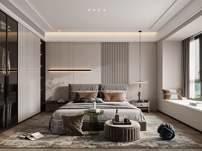 Modern Bedroom Interior Design With Large Bed Glass Fronted Wardrobe And Pendant Light 3d model