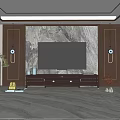 Modern TV Background Wall With Marble Panel Wooden Frames Decorative Clocks And TV Stand 3d model
