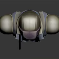 Game Movie Character With Purple Helmet Goggles Blue Vest Shoulder Armor And Suspenders