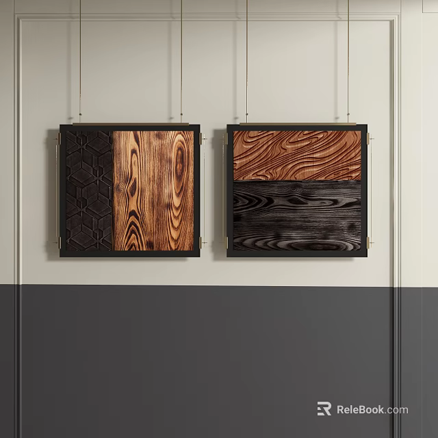 Two Abstract Paintings With Black Frames Hanging On Wall Featuring Wood Grain Patterns 3d model